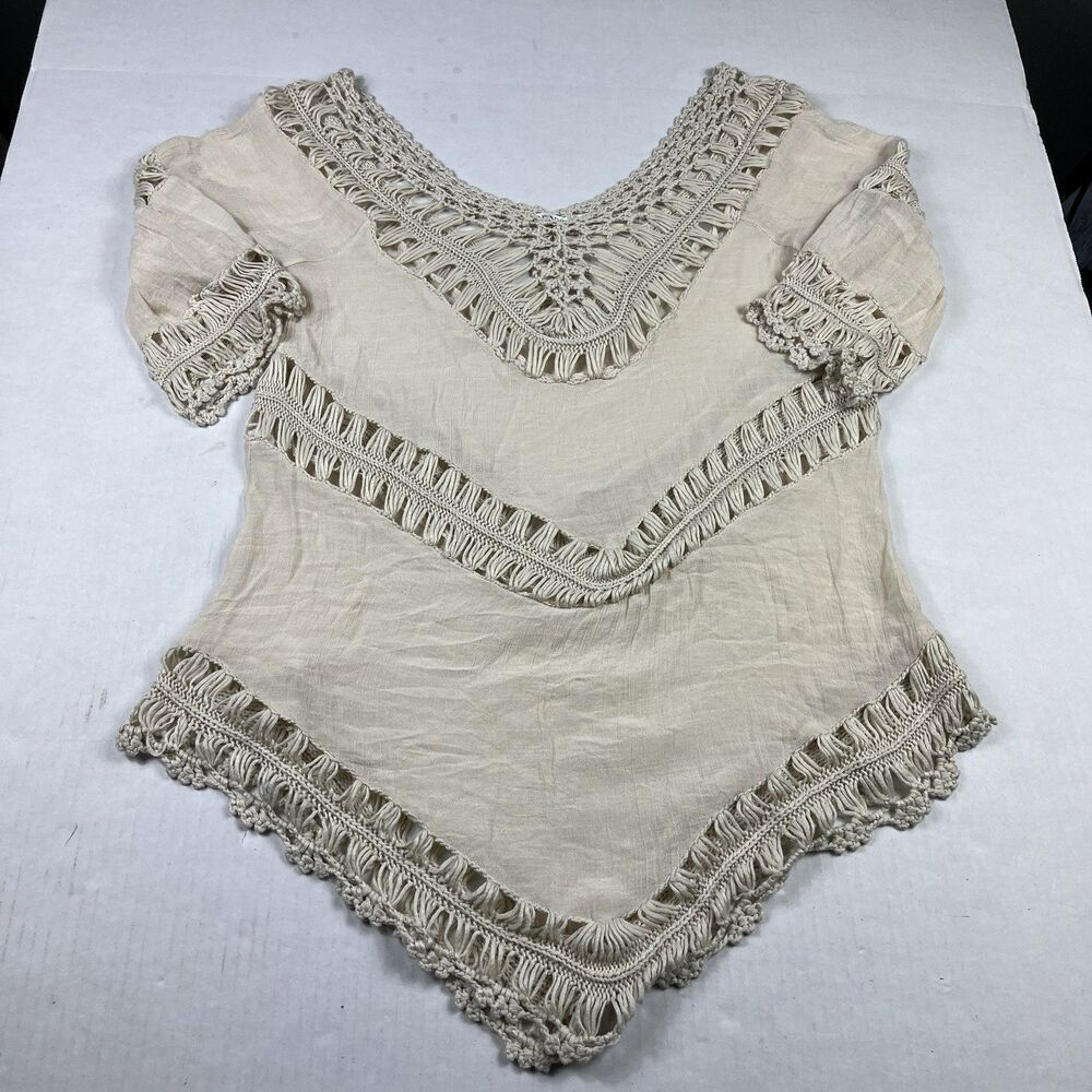 Paradise Tunic Top Ivory Crochet Lace Asymmetric Hem 3/4 Sleeve Boho Shirt S/M